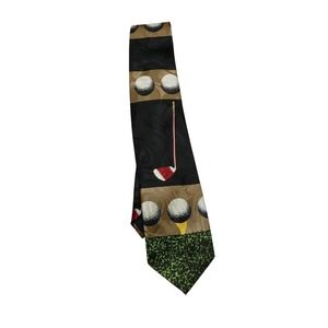 Gold City Tie Mens One Size Black Golf Balls Clubs 100% Silk Novelty Necktie